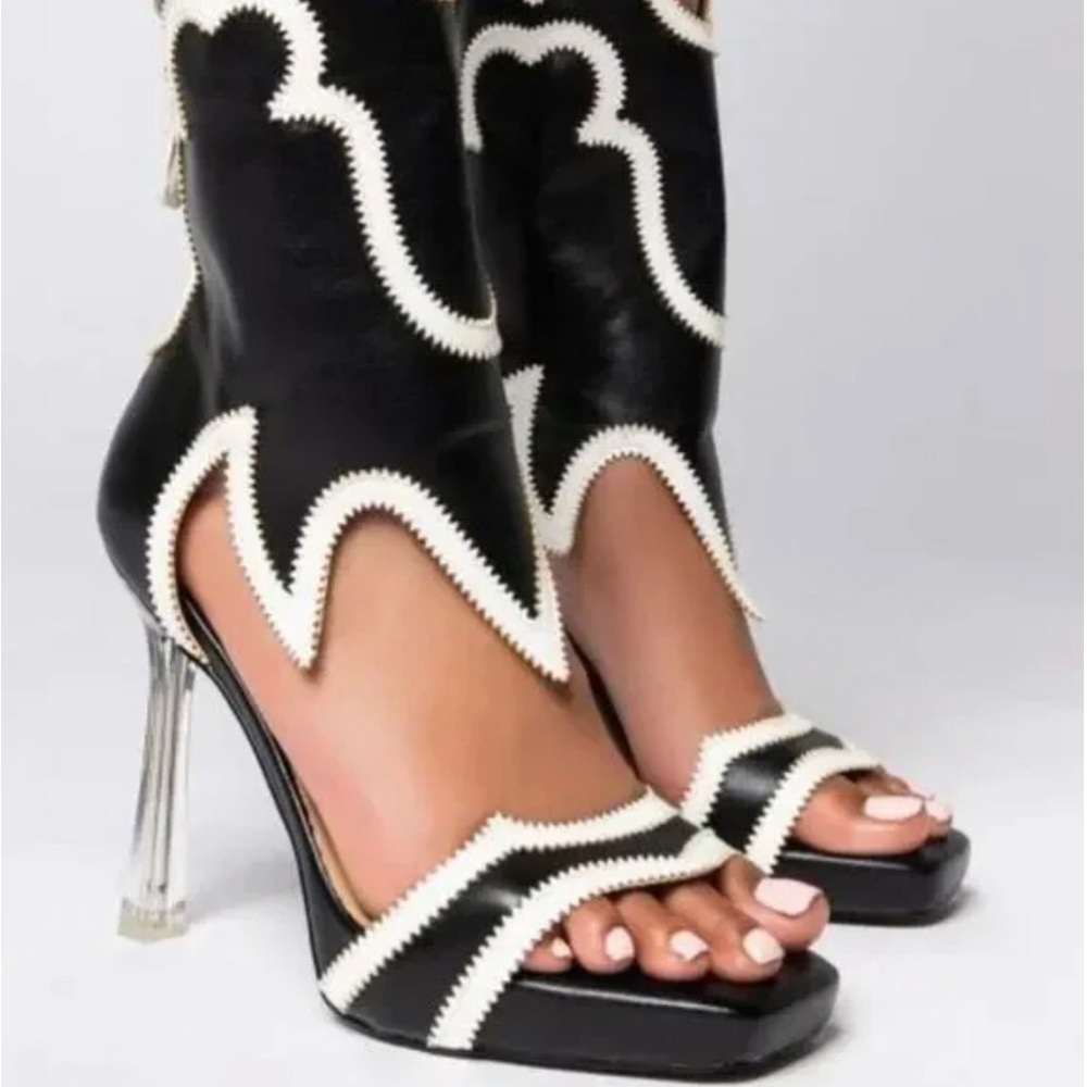 AZALEA WANG HOWD YOU GET SO FLY STILETTO SANDAL IN BLACK WHITE COWGIRL STYLE